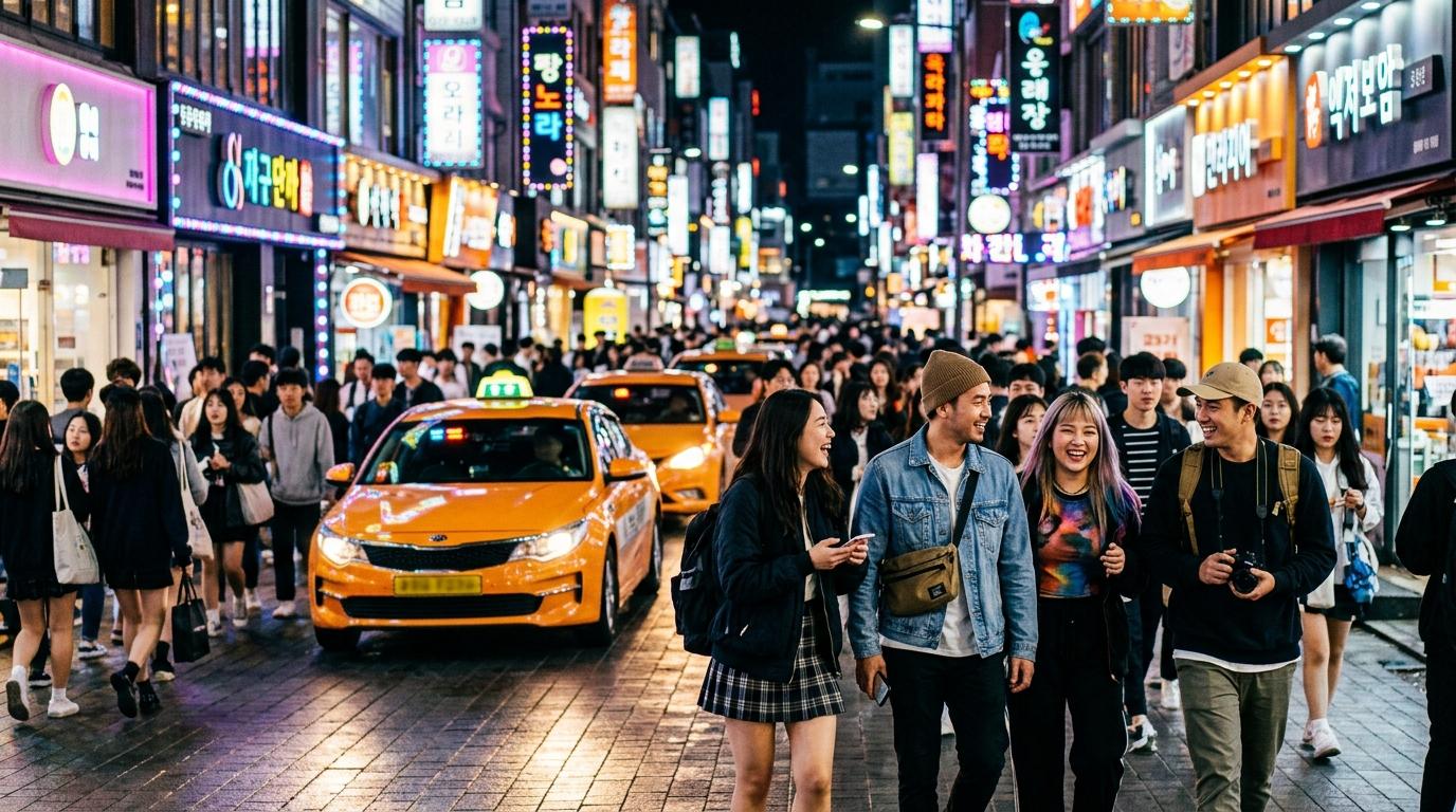 明るく活気のあるフォトリアルなソウルのナイトライフ通り、おしゃれな若い旅行者、光る店舗、タクシー、読める看板や文字はなし