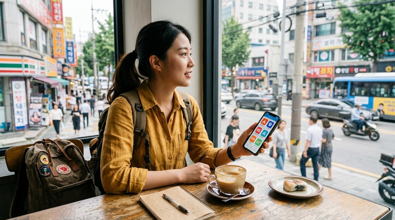 カフェのテーブルで緊急アプリのアイコンが表示されたスマートフォンを持つ、明るいフォトリアルな旅行者、外には韓国の街並み、読める文字なし