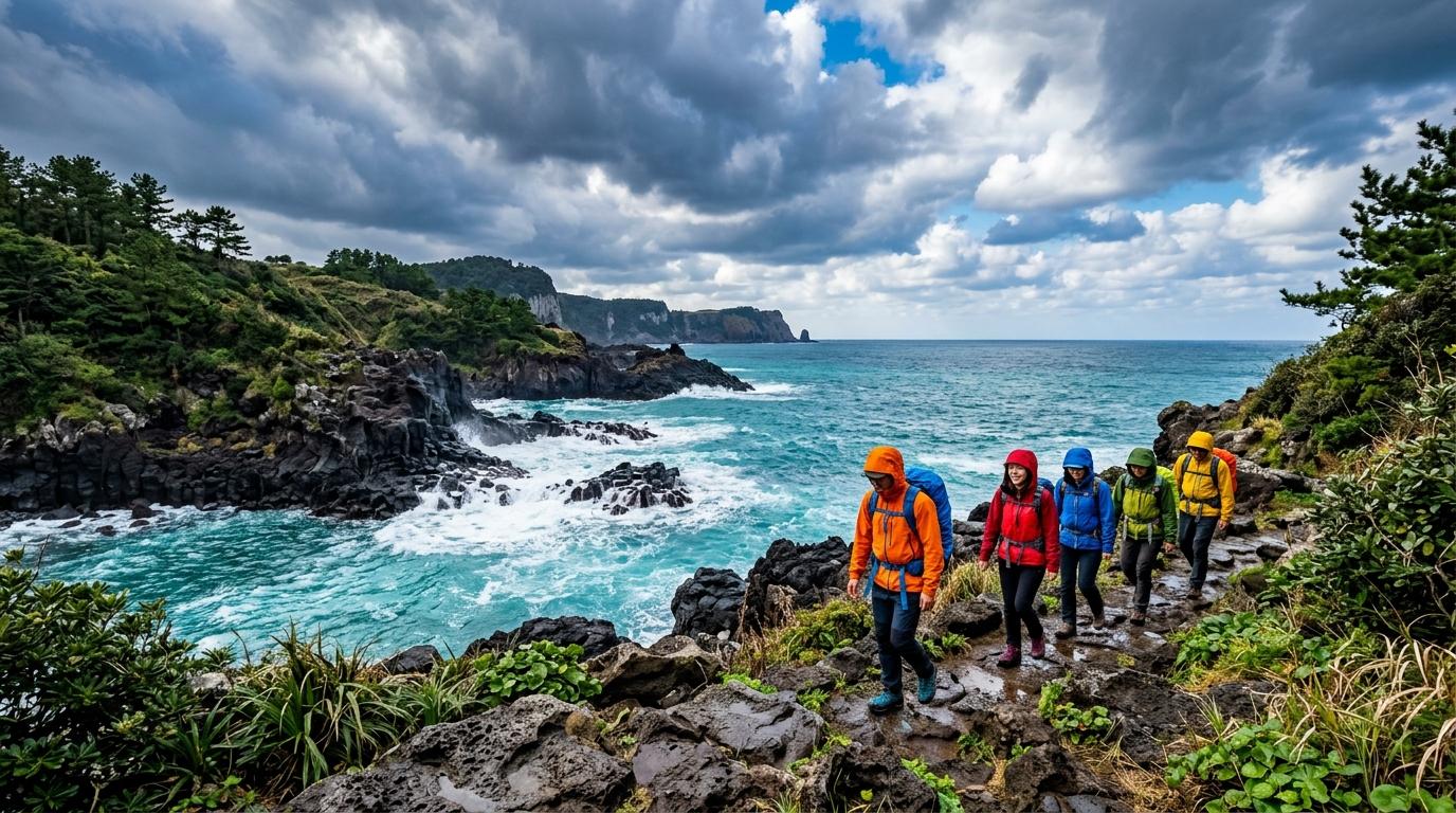 鮮やかで写真のようにリアルな済州の海岸線, 迫力のある雲, ターコイズ色の海, 火山岩, レインジャケット姿の旅行者, 文字なし