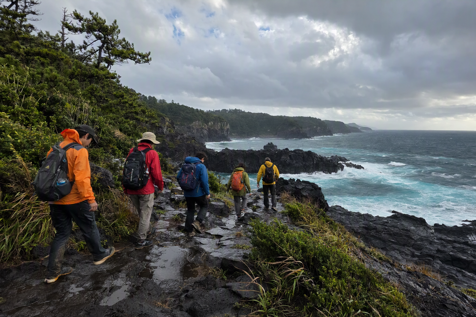 光亮鮮艷、寫實風格嘅濟州海岸線相片，戲劇感雲層、碧綠海水、火山巖、著住雨褸嘅旅客，無可見文字