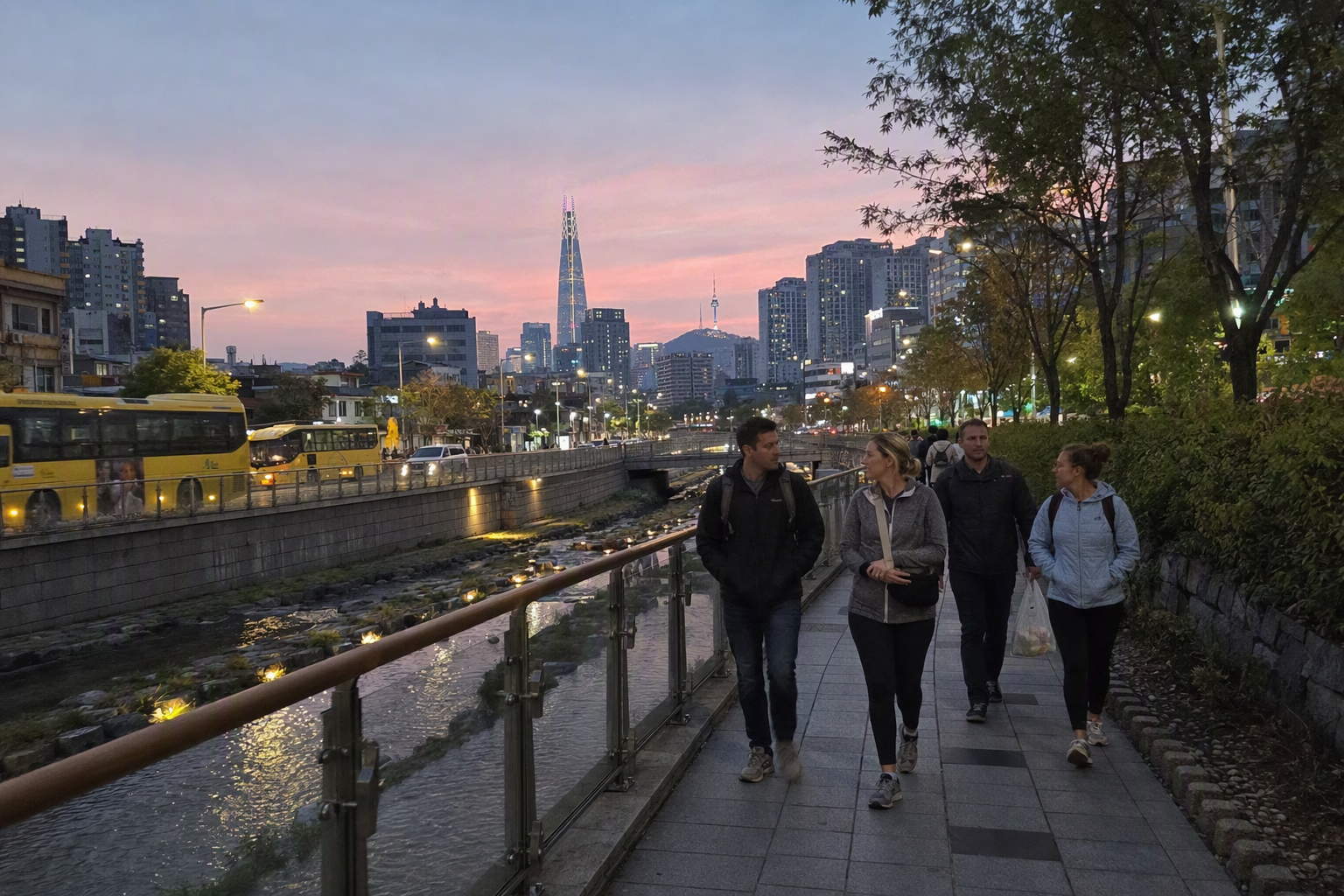 日落時分首爾天際線嘅明亮鮮艷寫實景觀，有現代高樓、柔粉色天空，旅客喺乾淨街道旁行走，無任何可見文字
