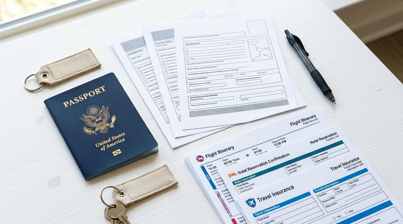 Bright vibrant photorealistic flat lay of a passport, printed visa application papers, pen, and neatly arranged travel documents on a white table, no visible te