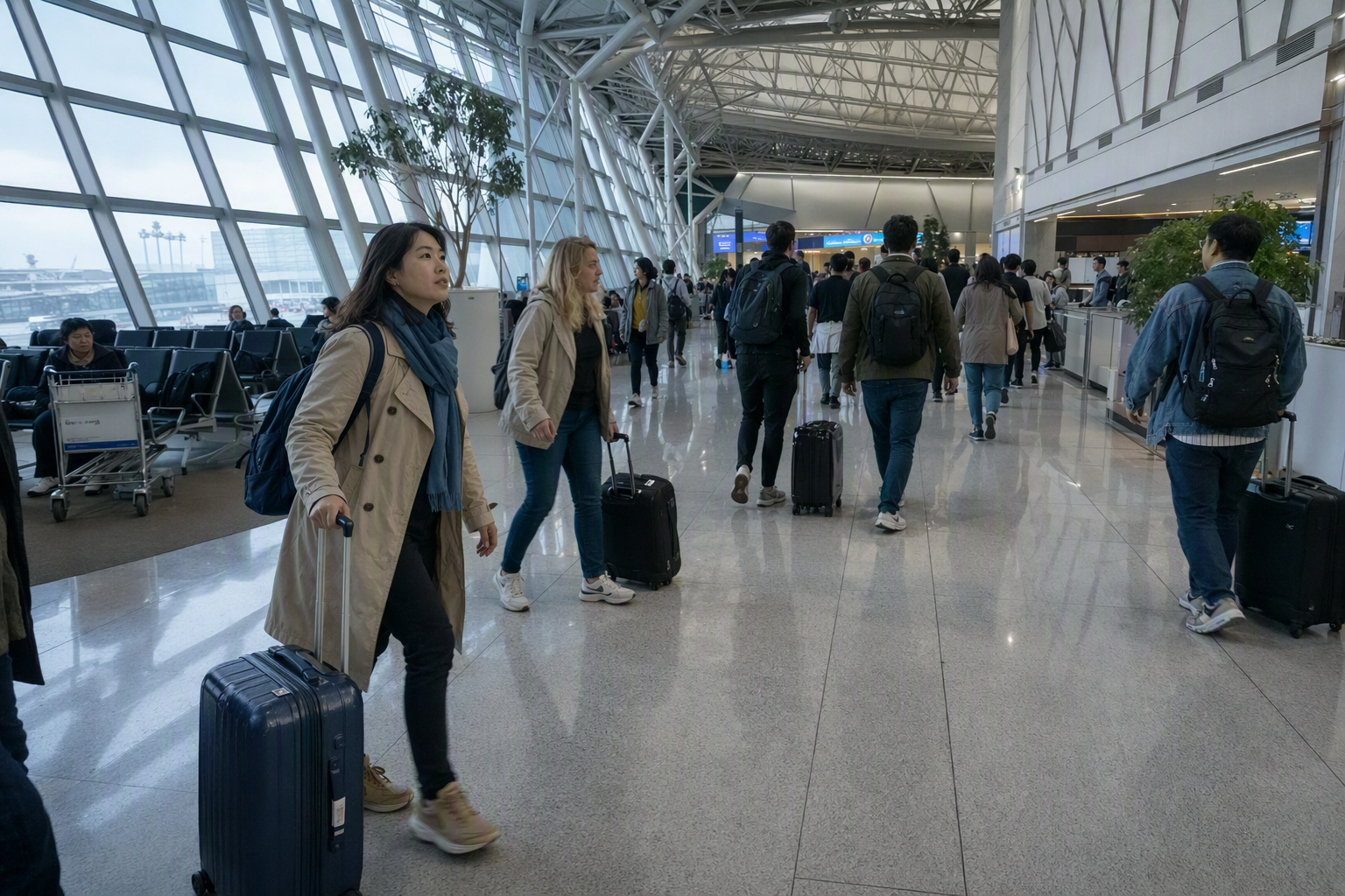 Bright vibrant photorealistic scene of international travelers rolling suitcases through a modern Korean airport arrivals hall, soft morning light, clean archit