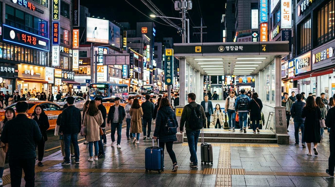 Bright vibrant photorealistic Seoul street scene with travelers carrying small luggage near a subway entrance, city lights, stylish urban atmosphere, no visible