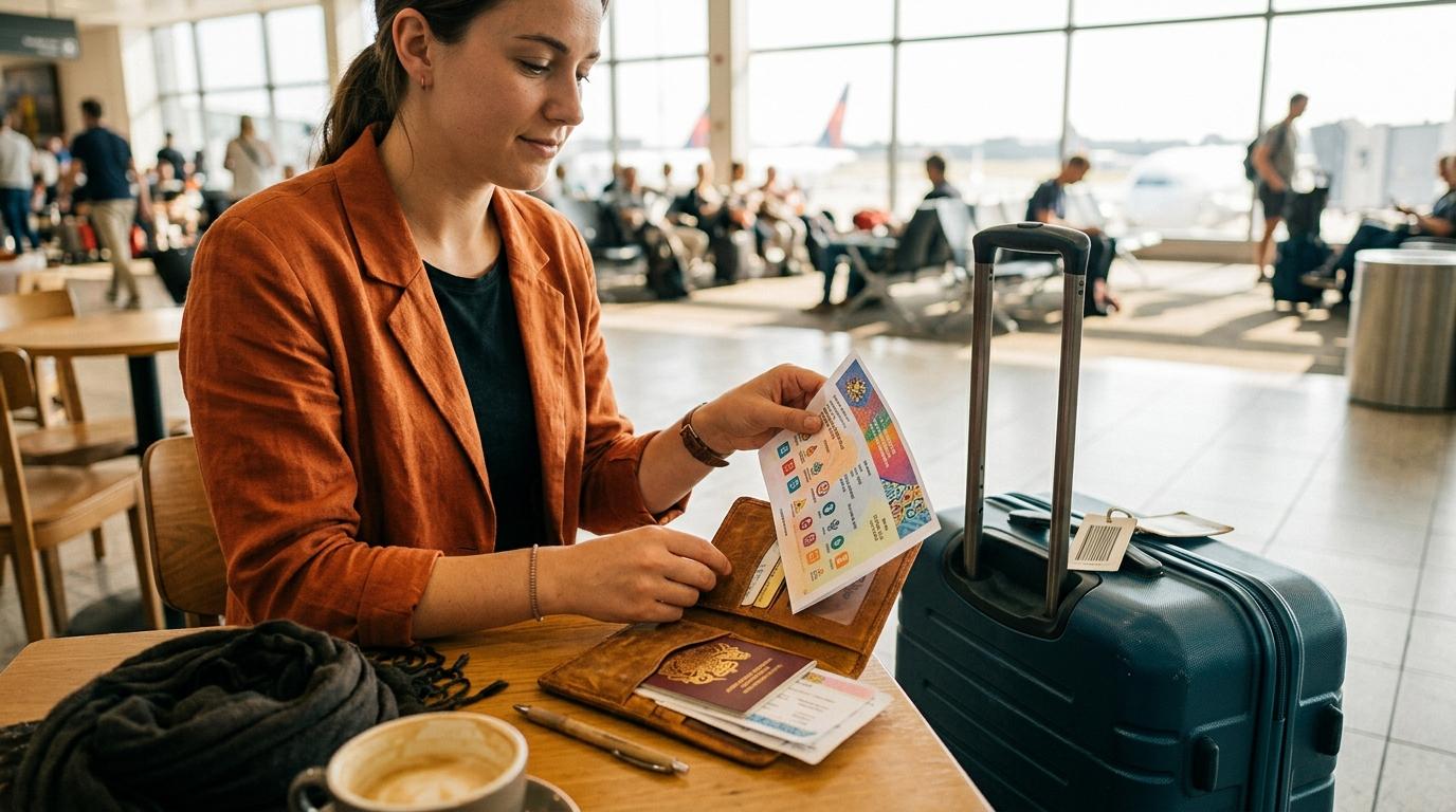 Bright vibrant photorealistic image of a traveler placing a printed visa grant notice into a passport holder beside a suitcase, warm daylight, no visible text