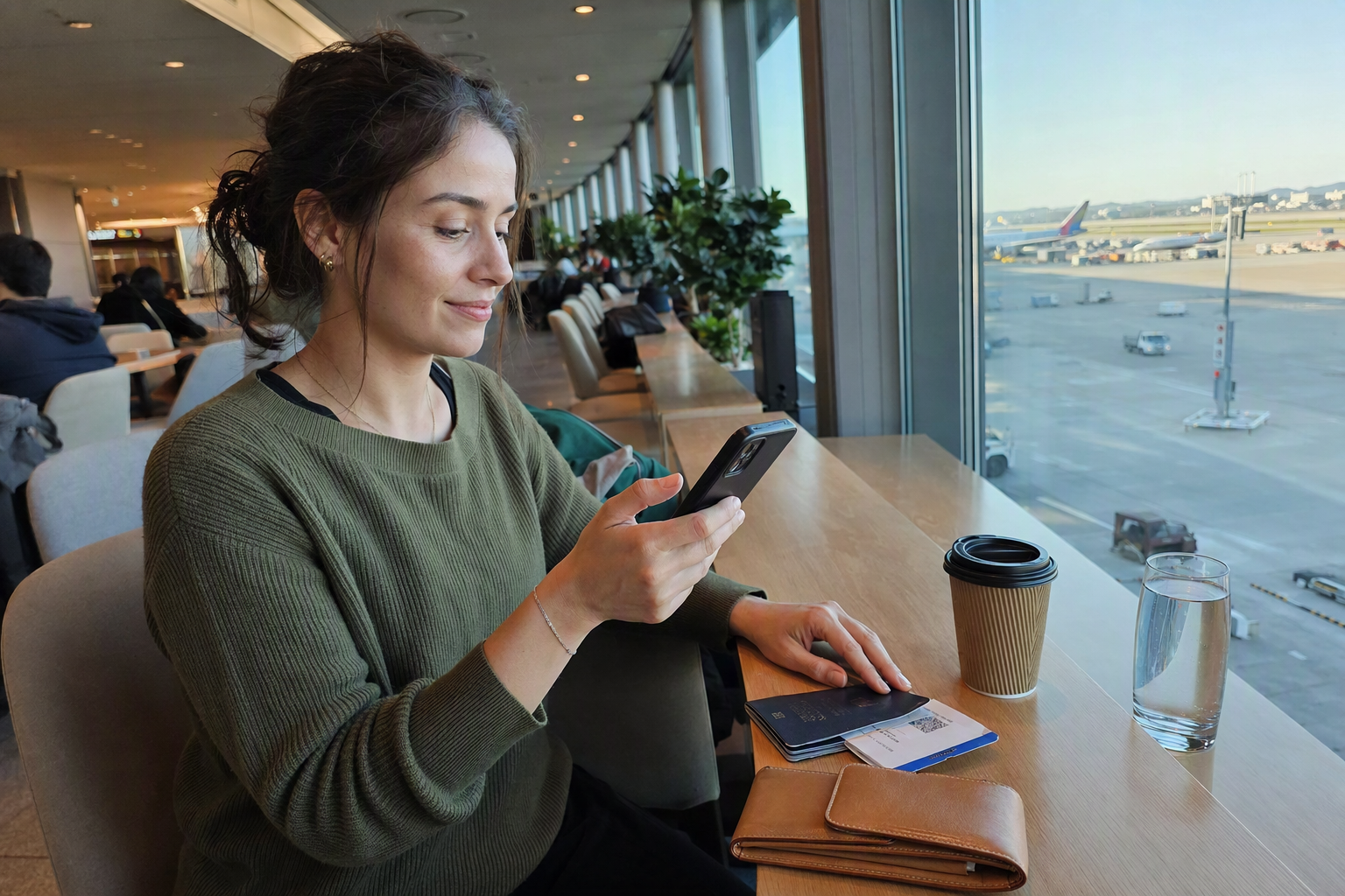 Bright vibrant photorealistic image of a traveler using a smartphone beside a boarding pass and passport in an airport lounge, clean travel mood, no visible tex