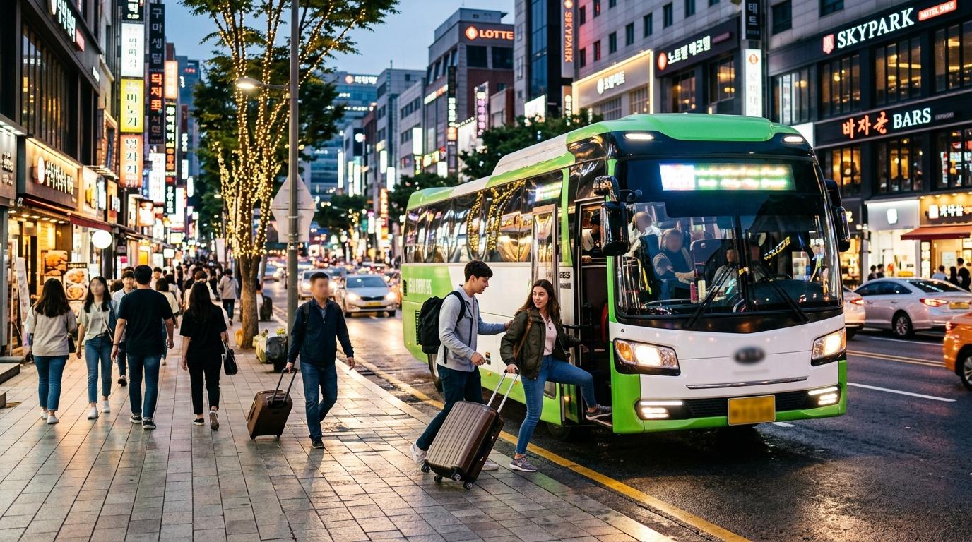 Bright vibrant photorealistic evening scene of travelers stepping out of a Seoul airport bus near a hotel street with glowing city lights, suitcases, lively but
