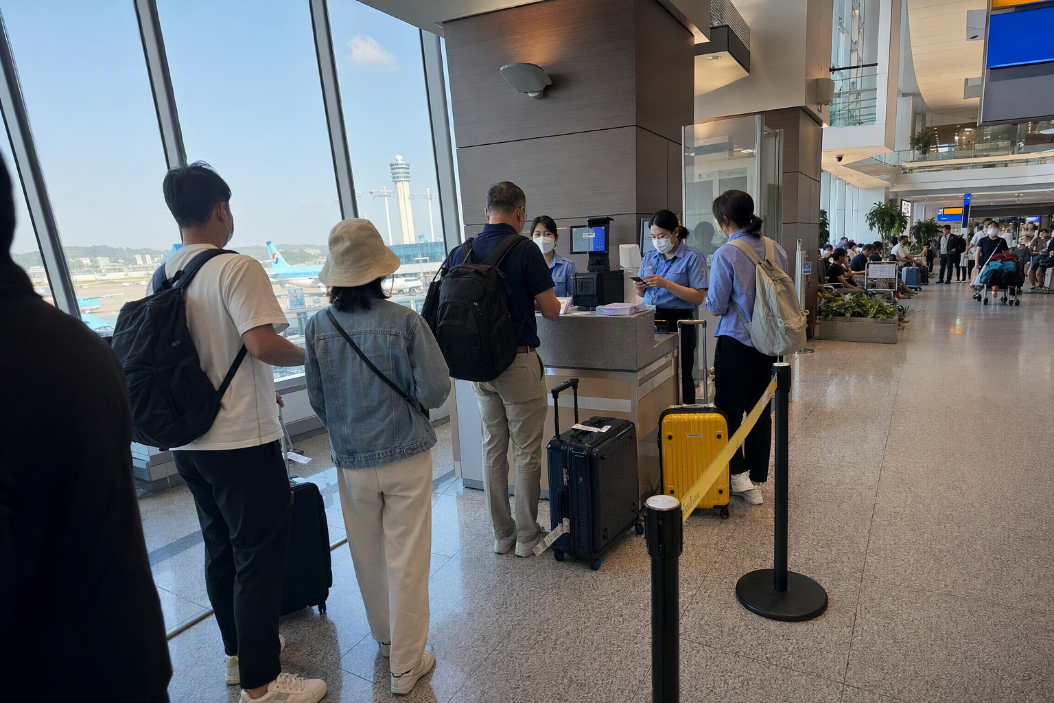 Bright vibrant photorealistic scene of passengers walking through a calm airport health screening area with luggage, modern lighting, no visible text