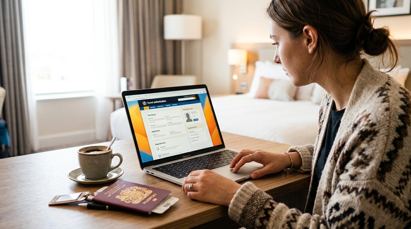 Bright vibrant photorealistic close-up of a traveler checking an official travel authorization website on a laptop beside a passport and coffee, modern hotel ro