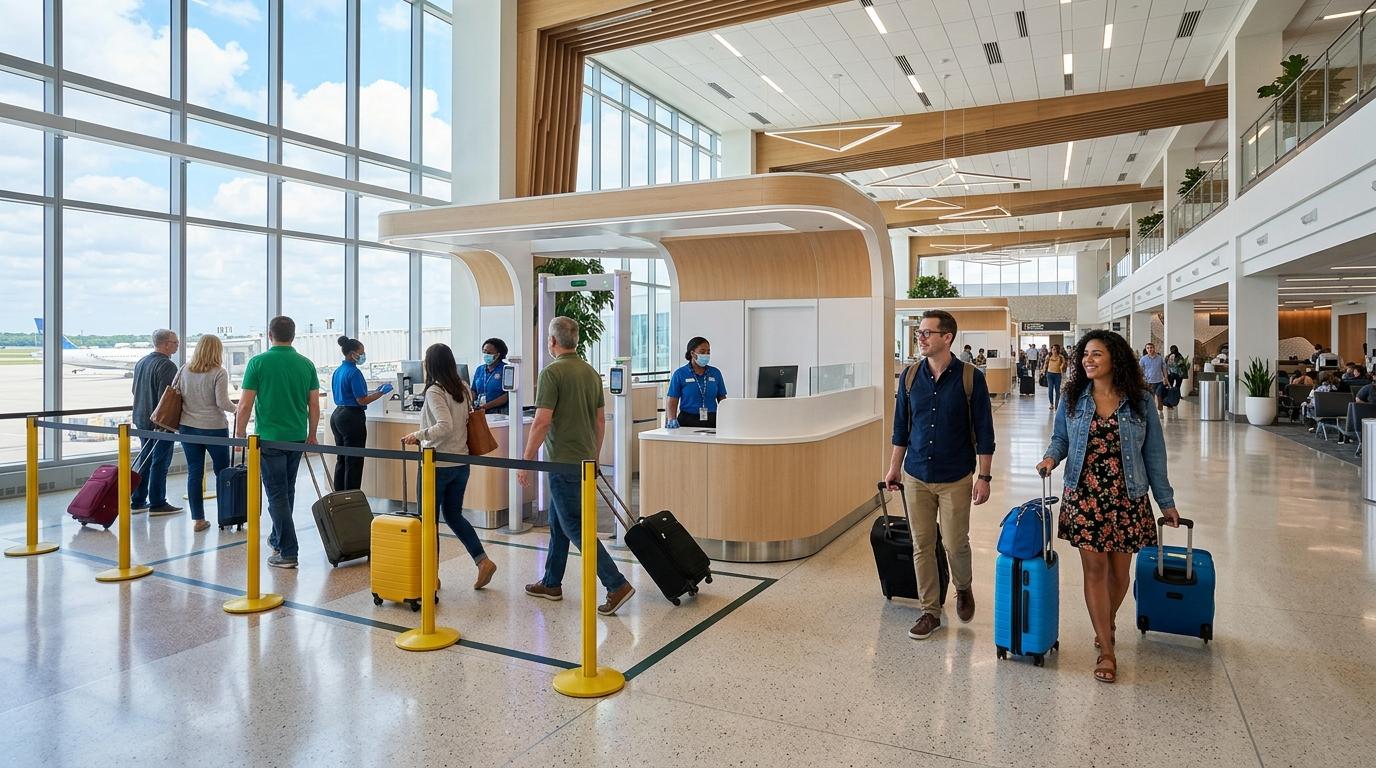 Bright vibrant photorealistic scene of passengers walking through a calm airport health screening area with luggage, modern lighting, no visible text