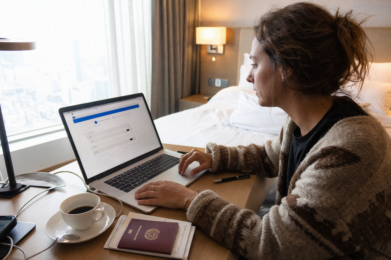 Bright vibrant photorealistic close-up of a traveler checking an official travel authorization website on a laptop beside a passport and coffee, modern hotel ro