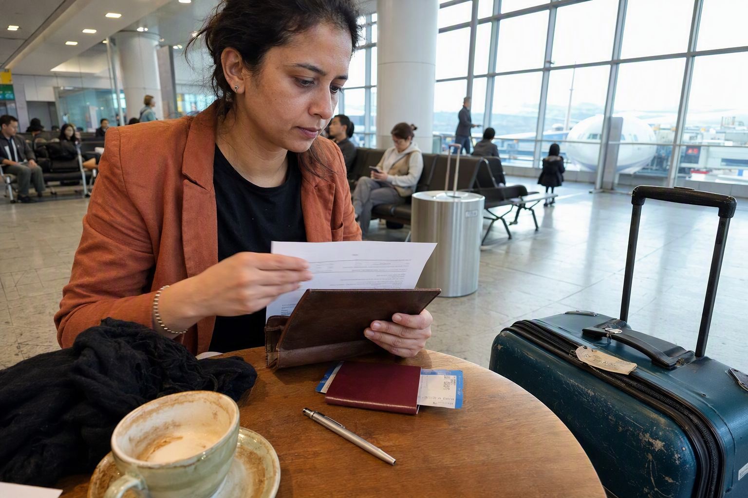 Bright vibrant photorealistic image of a traveler placing a printed visa grant notice into a passport holder beside a suitcase, warm daylight, no visible text