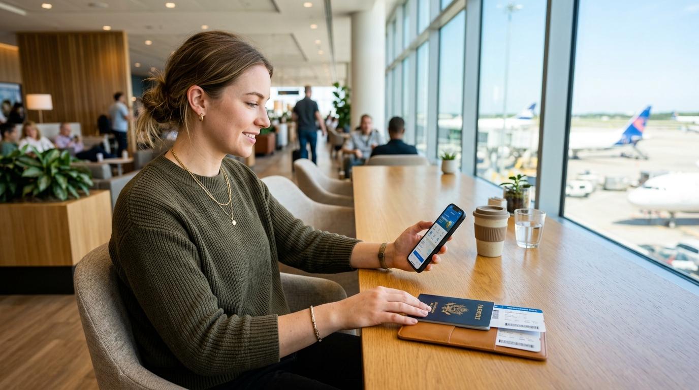 Bright vibrant photorealistic image of a traveler using a smartphone beside a boarding pass and passport in an airport lounge, clean travel mood, no visible tex