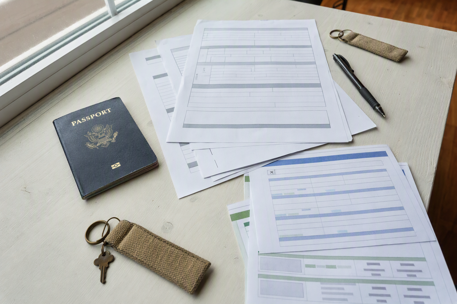 Bright vibrant photorealistic flat lay of a passport, printed visa application papers, pen, and neatly arranged travel documents on a white table, no visible te