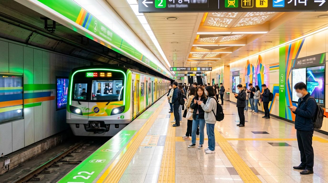 Bright vibrant photorealistic Seoul subway platform with colorful train lines implied by design, travelers waiting calmly, clean lighting, no readable text