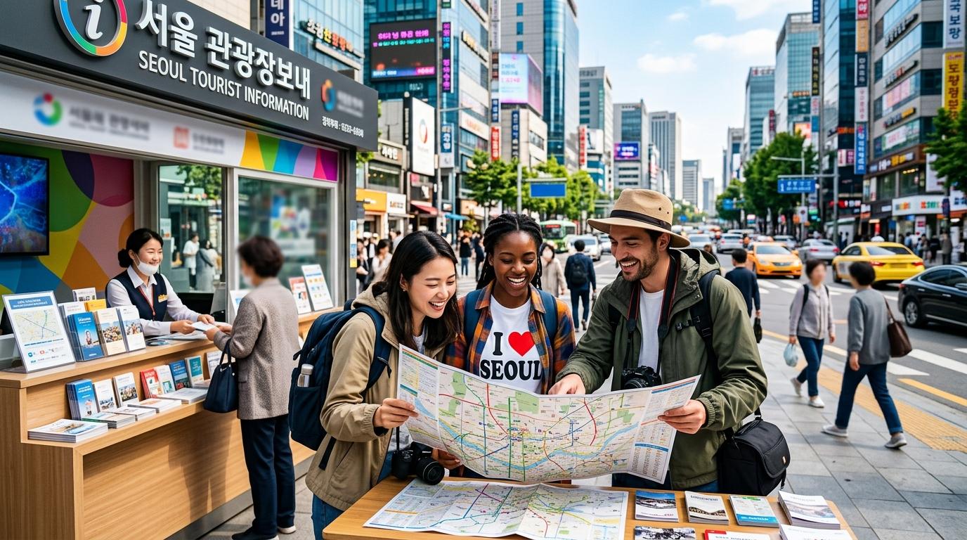 Bright vibrant photorealistic scene of travelers studying a large paper map near a Seoul tourist information counter, modern city background, no readable text
