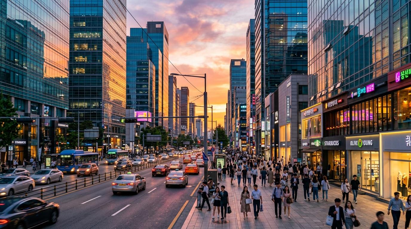 Bright vibrant photorealistic Gangnam city street with tall buildings, wide sidewalks, stylish shops, and sunset reflections, no readable text