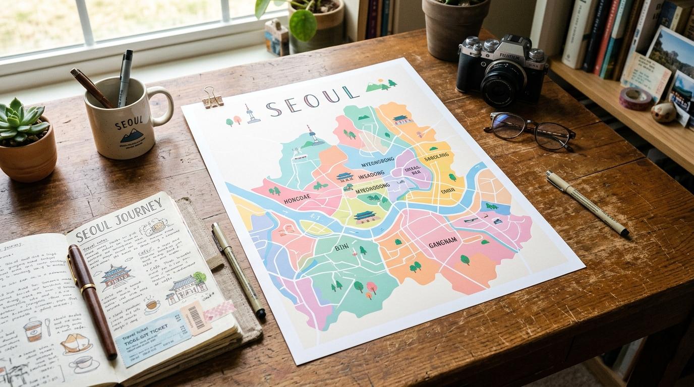 Bright vibrant photorealistic minimalist Seoul district map printed in soft colors on a desk with pens and travel notes, no readable text