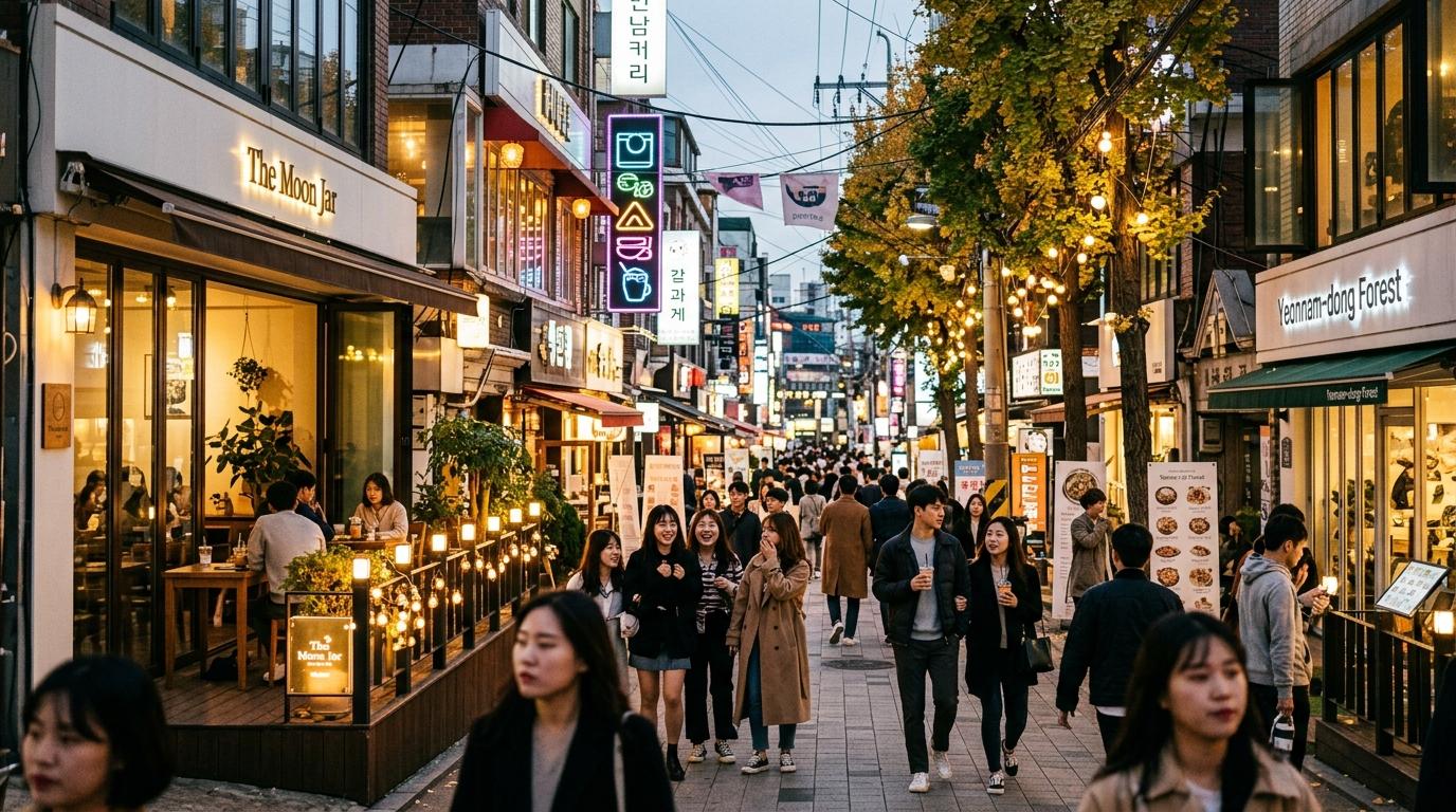 Bright vibrant photorealistic view of Hongdae and Yeonnam style streets with cafes, trees, young travelers, and evening lights, no readable text
