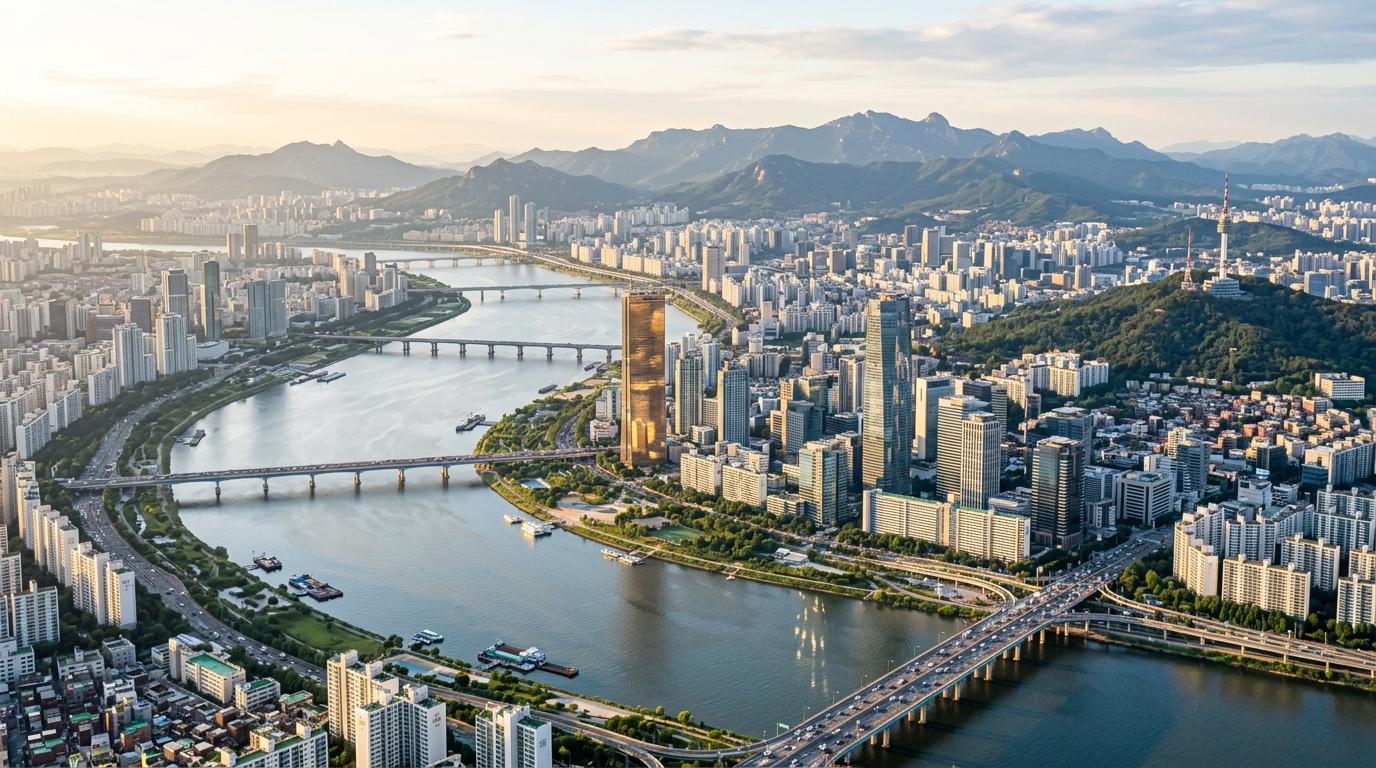 Bright vibrant photorealistic view of Seoul from above with the Han River, bridges, glass towers, mountains, and soft morning light, no text