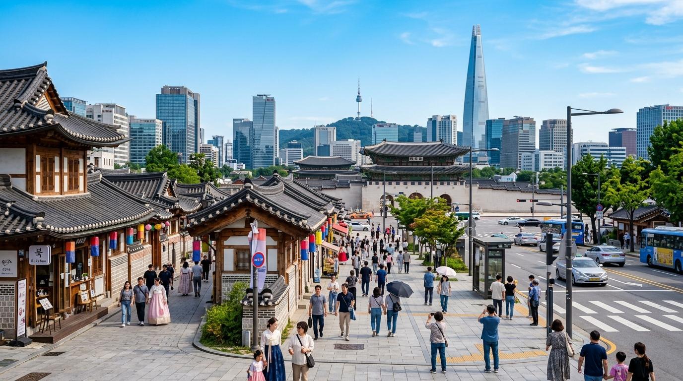 Bright vibrant photorealistic street scene linking old Seoul palaces, low hanok roofs, modern towers, and people walking under clear blue sky, no text