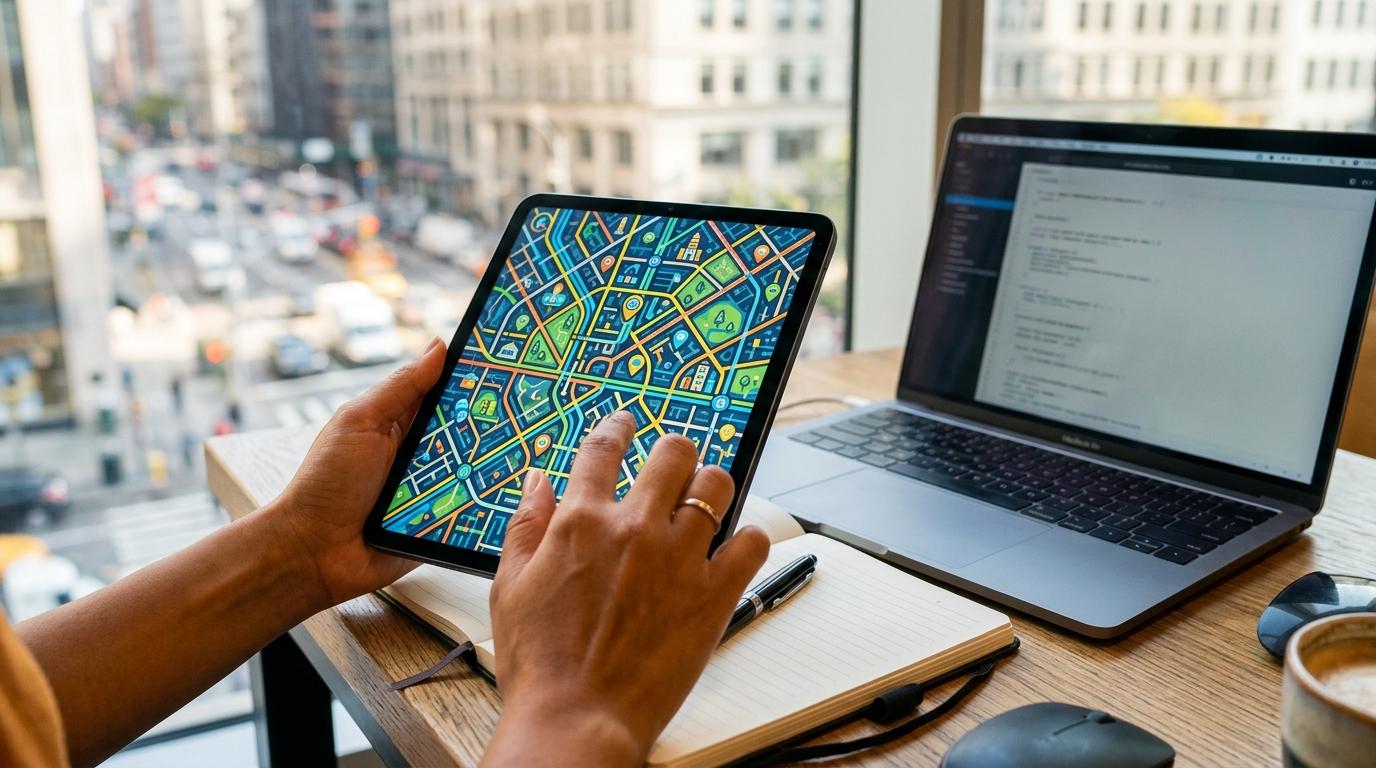 Bright vibrant photorealistic hands using a tablet with a clean city map interface beside a laptop and notebook, no readable text