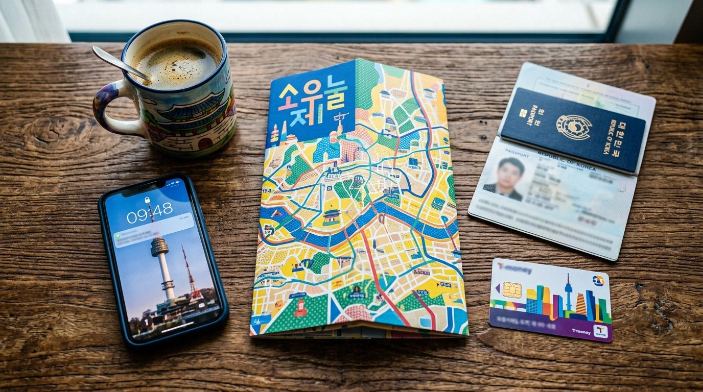 Bright vibrant photorealistic flat lay of a folded Seoul travel map, passport, transit card, phone, and coffee on a hotel table, no readable text