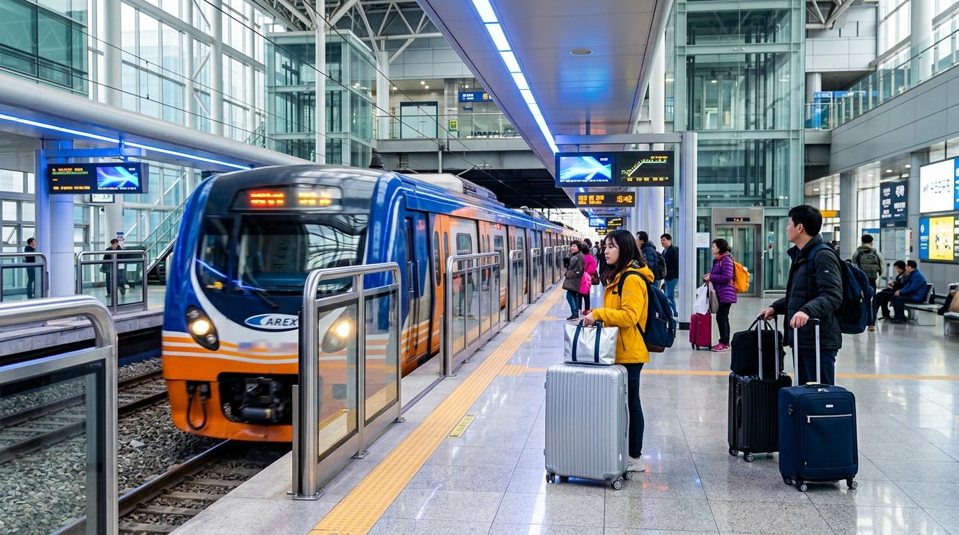 Bright vibrant photorealistic airport rail train arriving at a modern Seoul station platform, suitcases beside travelers, clean blue light, no readable text