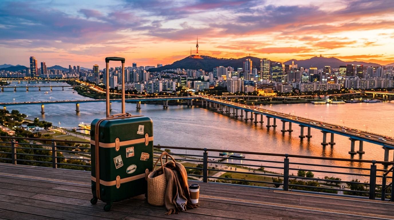 Bright vibrant photorealistic image of Seoul skyline at sunset with Han River, suitcase in foreground, warm travel mood, no Korean text