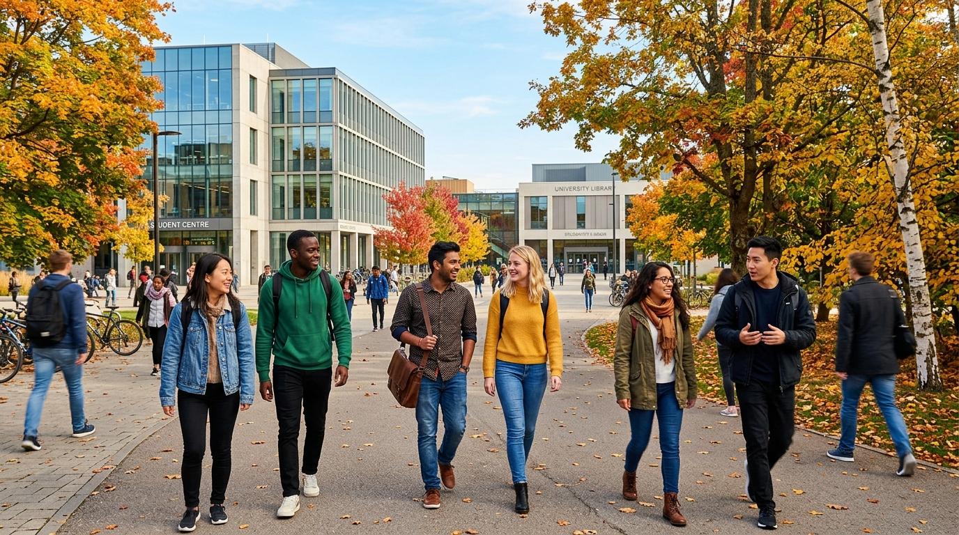 Bright vibrant photorealistic image of international students walking through a sunny university campus with modern buildings and autumn trees, no Korean text