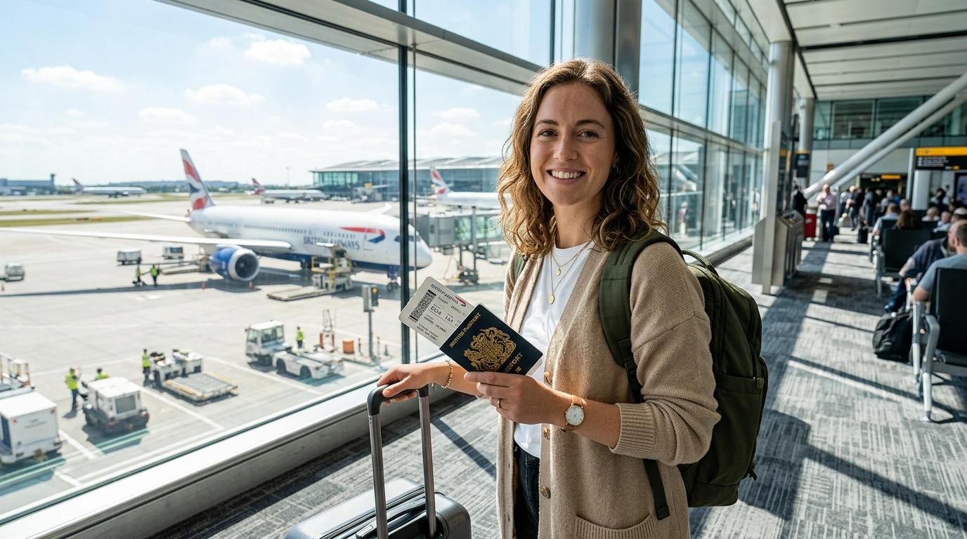 Bright vibrant photorealistic image of a traveler holding a passport and boarding pass beside a sunlit airport window, clean modern style, no Korean text