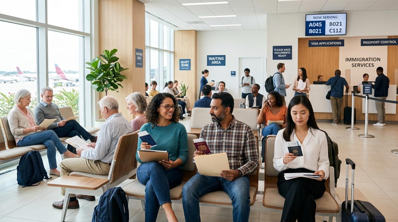 Bright vibrant photorealistic image of a clean immigration office waiting area with travelers holding folders and passports, soft daylight, no Korean text