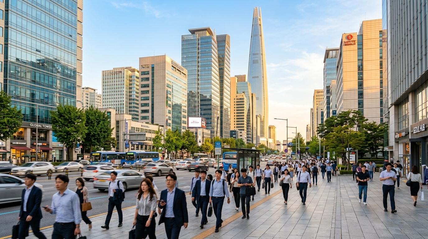 Bright vibrant photorealistic image of a modern Seoul business district with office towers, commuters, and warm morning light, no Korean text
