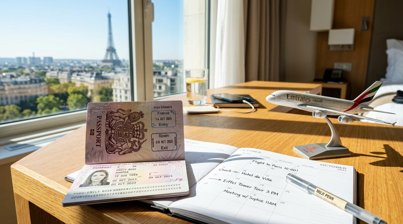 Bright vibrant photorealistic image of an open passport, calendar pages, and a small airplane model on a bright hotel desk, no Korean text