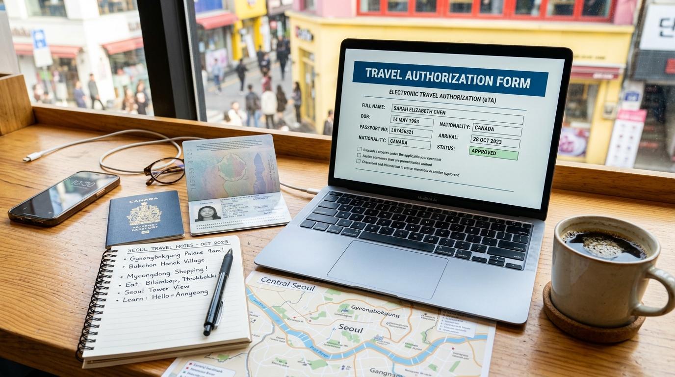 Bright vibrant photorealistic image of a laptop showing a generic travel authorization form, passport, coffee, and Seoul travel notes on a desk, no Korean text