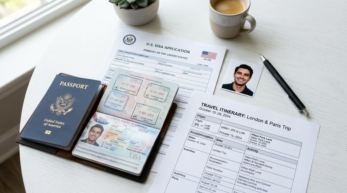 Bright vibrant photorealistic image of neatly arranged visa documents, passport photo, pen, and travel itinerary on a white table, no Korean text