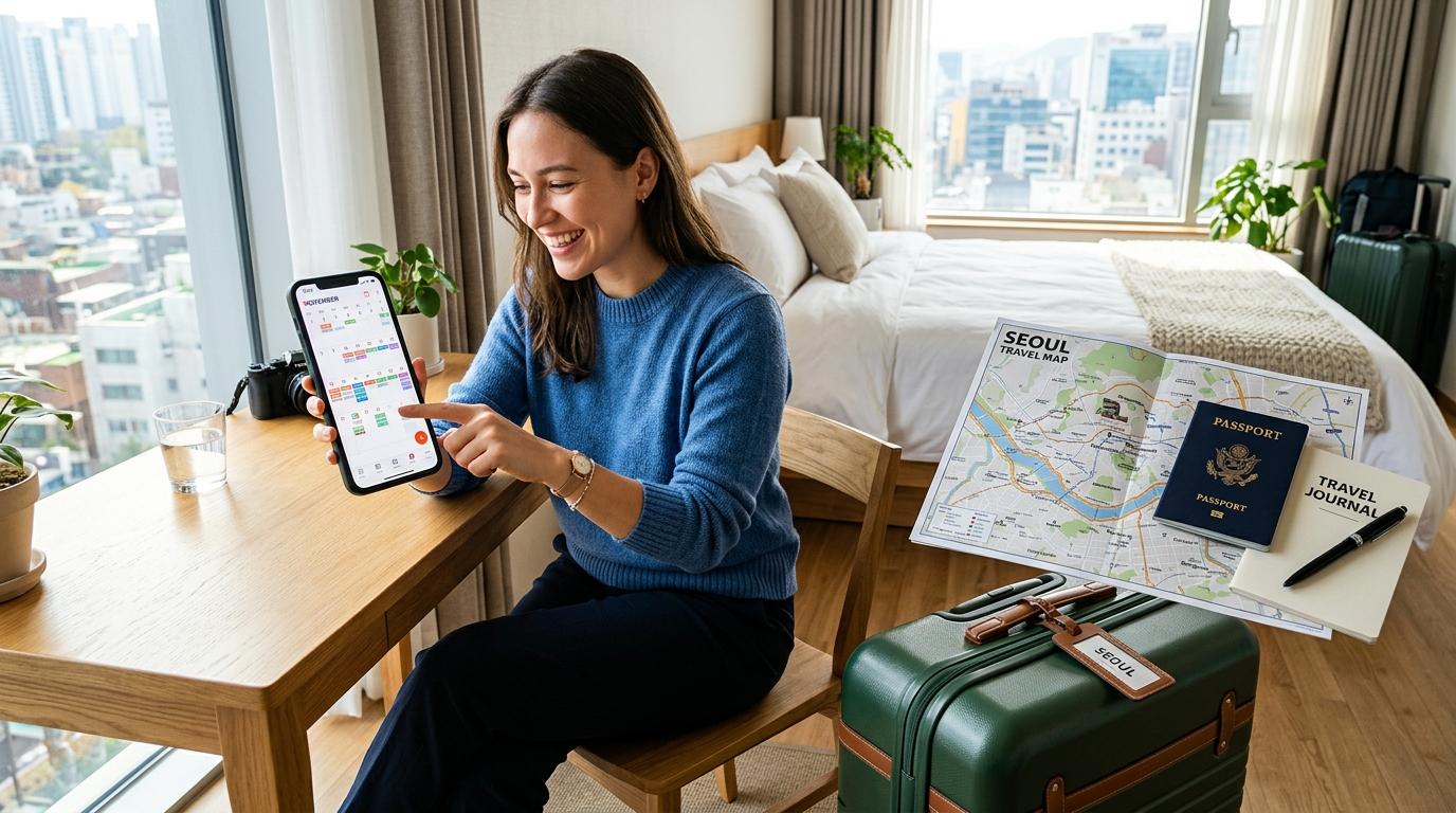 Bright vibrant photorealistic image of a traveler checking a calendar on a phone beside a suitcase, passport, and Seoul map in a bright hotel room, no Korean te
