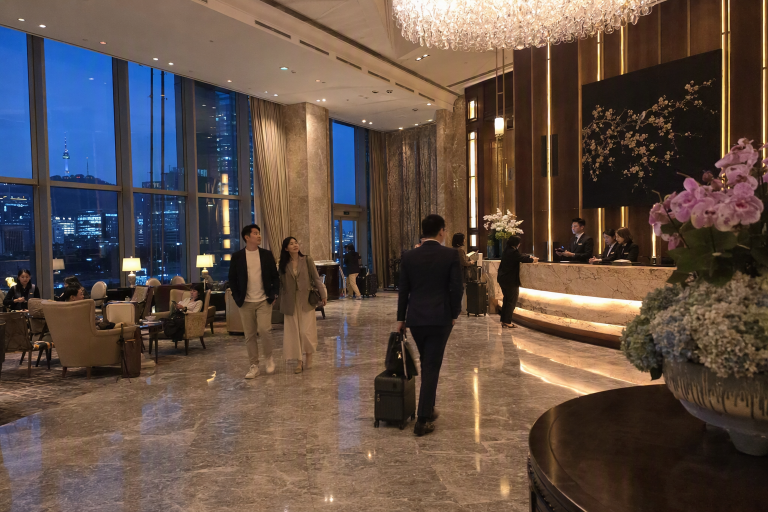 位於首爾市中心的明亮鮮豔、寫實風豪華飯店大廳,有大理石、溫暖燈光、優雅旅客與城市景觀,無韓文文字