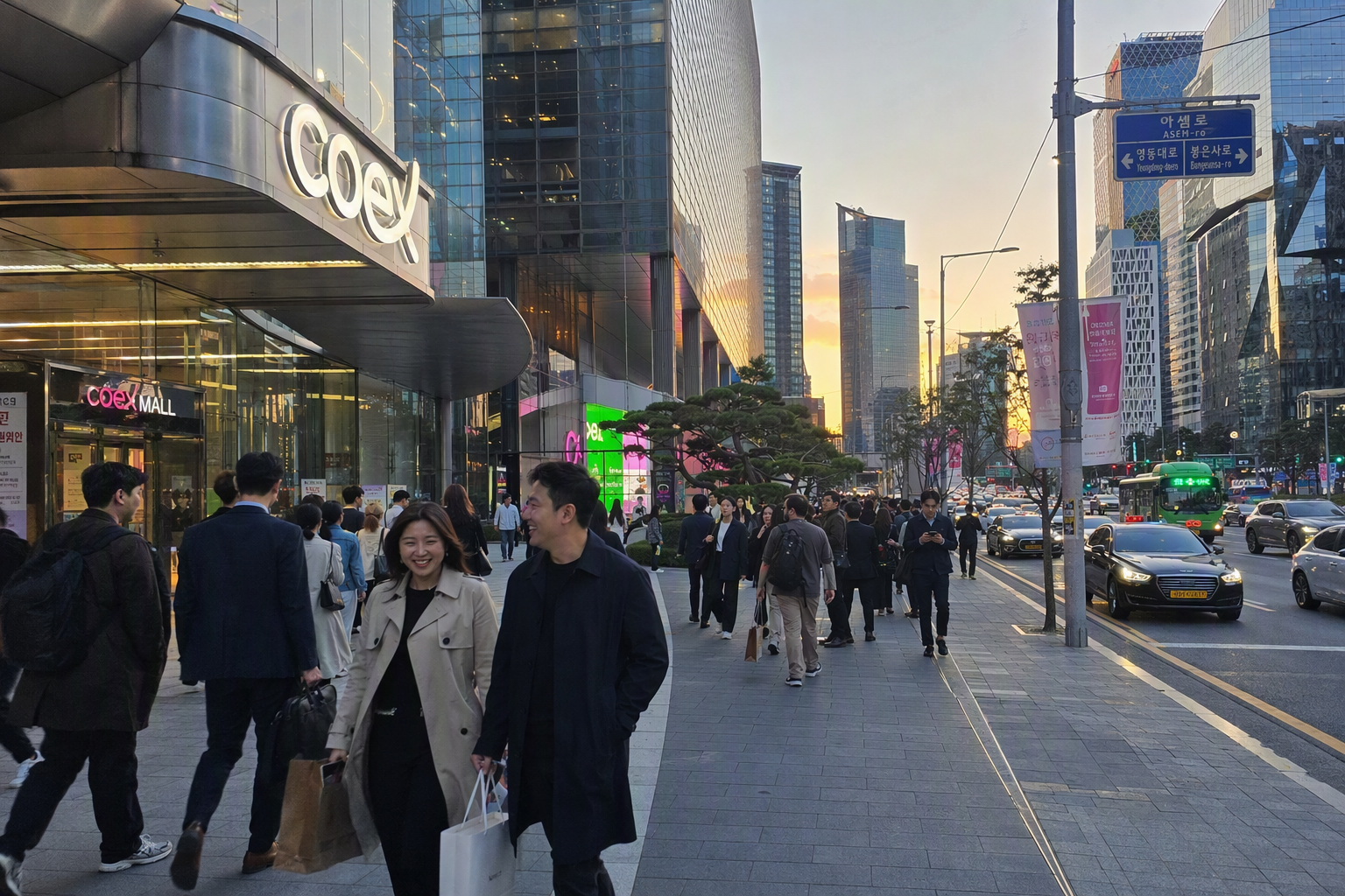 明亮鮮豔、寫實風格的黃昏 COEX 與現代江南街景,建築俐落、逛街人潮時髦,無韓文字樣