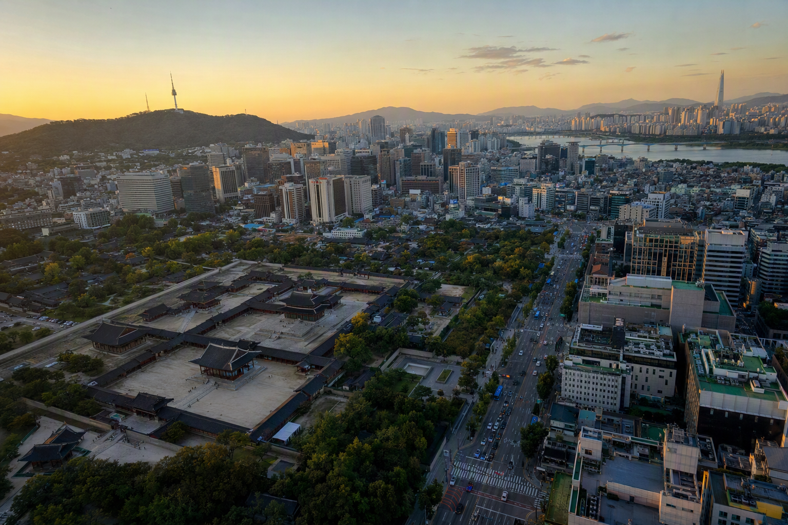 日出時分的首爾市中心明亮鮮豔、寫實風格空拍照,可見宮殿、現代高樓,遠方還有漢江,畫面中沒有韓文文字
