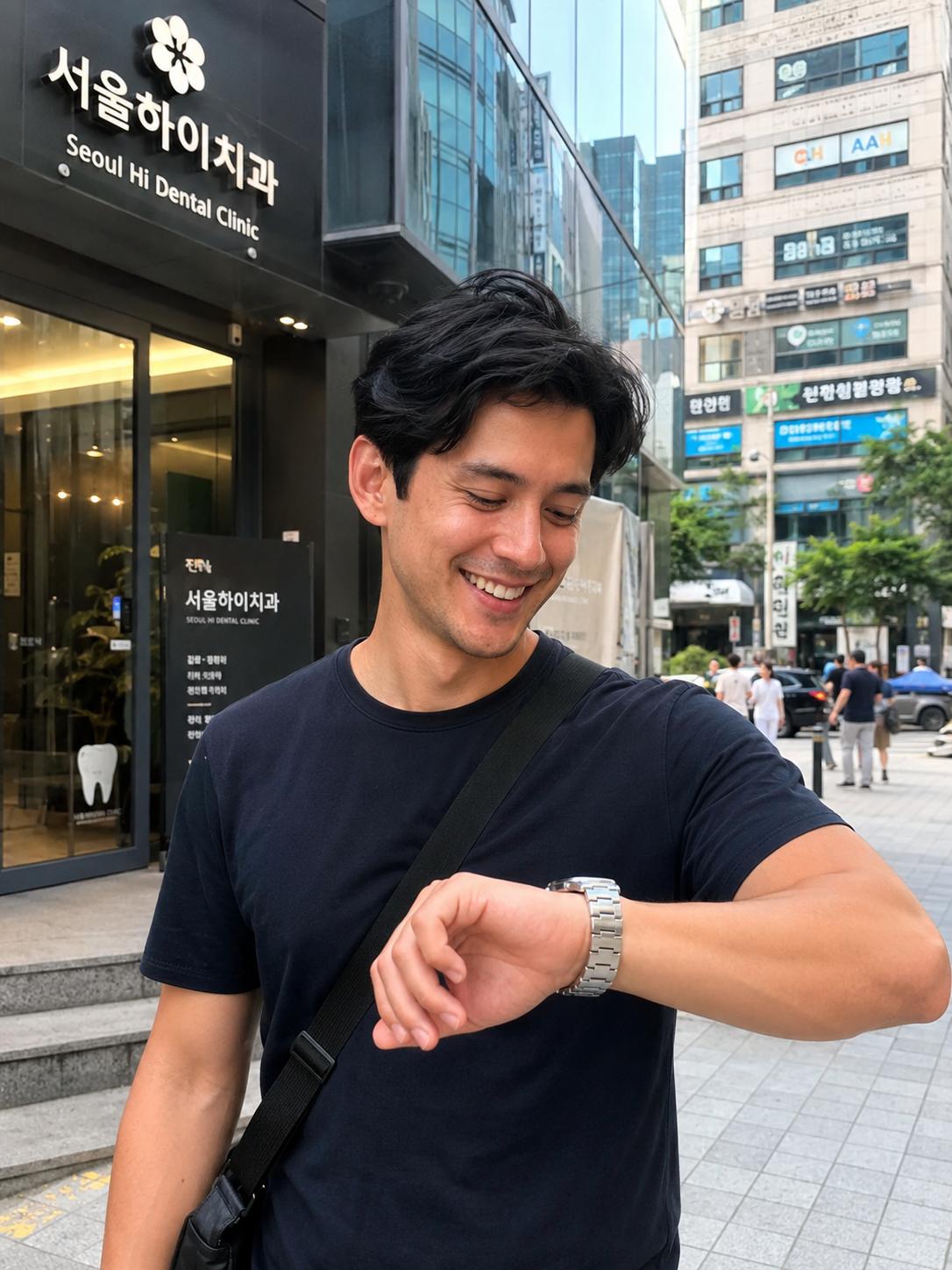 An image of a traveler finishing a dental appointment and heading out onto the streets of Gangnam, smiling as they check their wristwatch