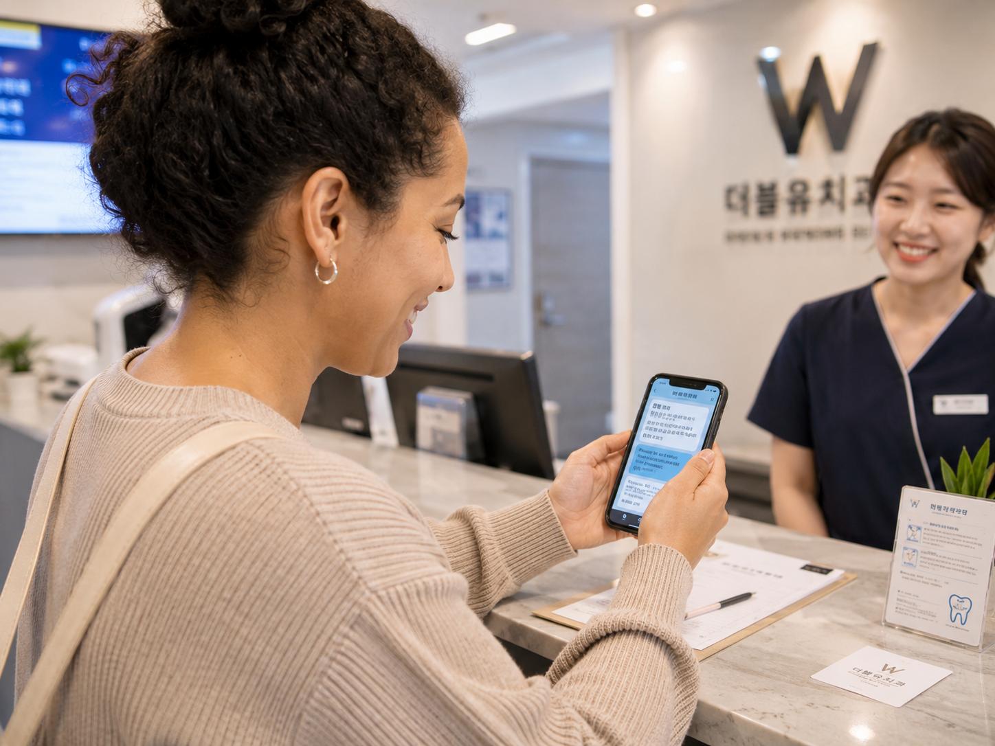 An image of a patient feeling reassured at a dental reception desk while looking at a smartphone translation or consultation message