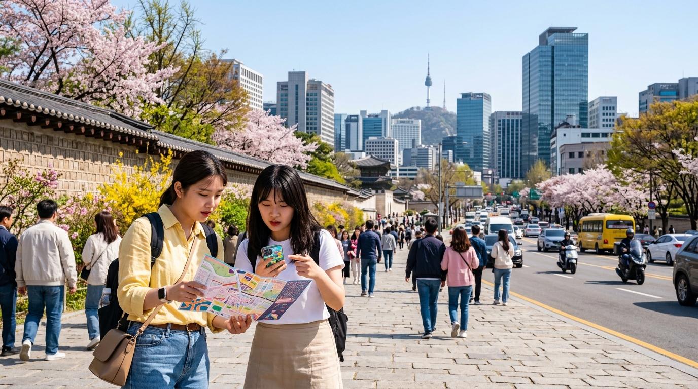 Bright vibrant photorealistic Seoul street scene with a folded city map, palace wall, modern skyline, spring flowers, and travelers checking a phone, no visible