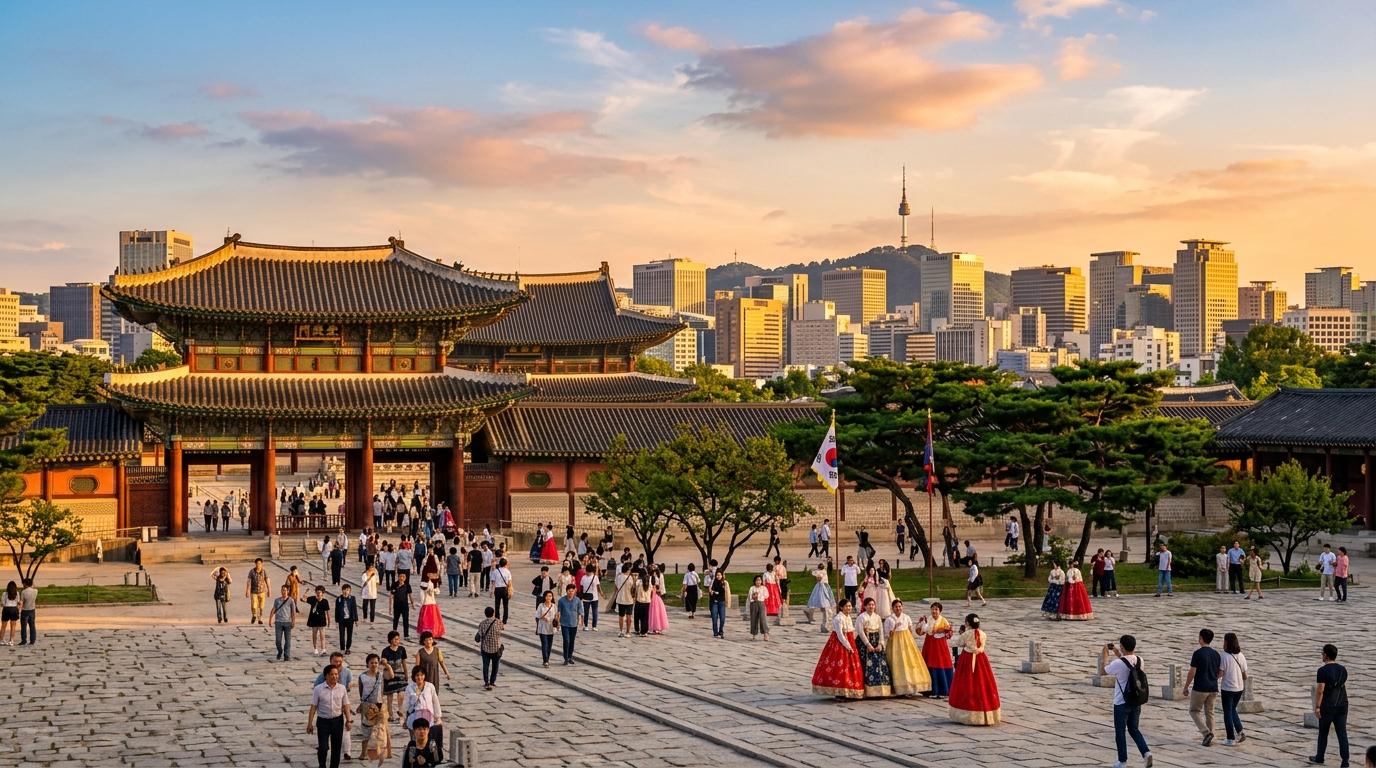 Bright vibrant photorealistic image of a Korean royal palace courtyard at golden hour with travelers, traditional architecture, and city skyline in the distance