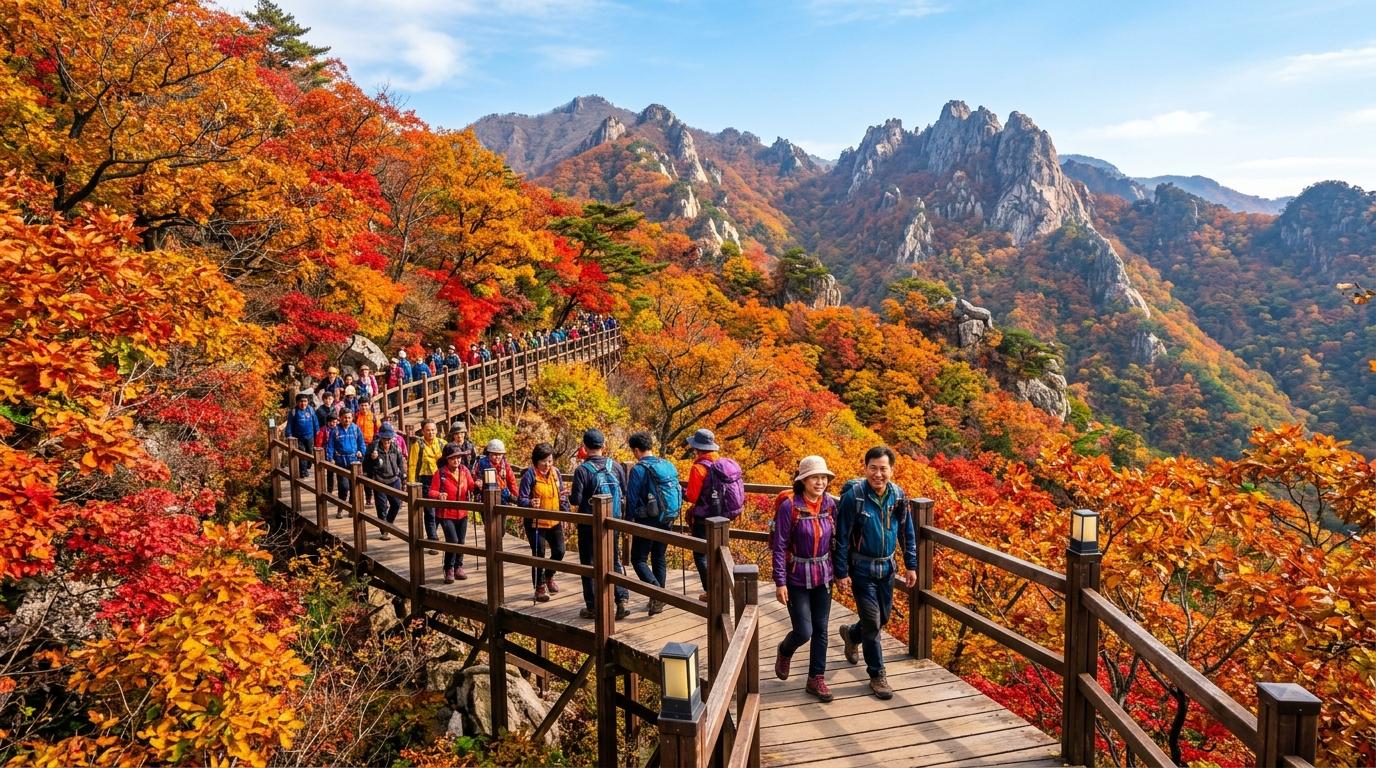Bright vibrant photorealistic autumn mountain trail in Korea with red and gold leaves, hikers, wooden walkway, and distant peaks, no visible text