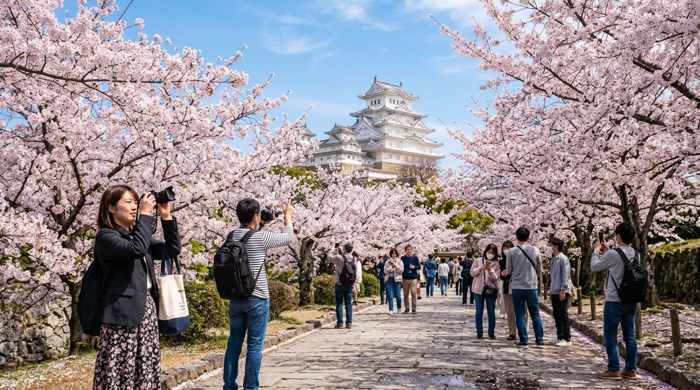 Bright vibrant photorealistic spring scene with cherry blossoms around a palace walkway, travelers taking photos, soft pink petals, clear blue sky, no visible t