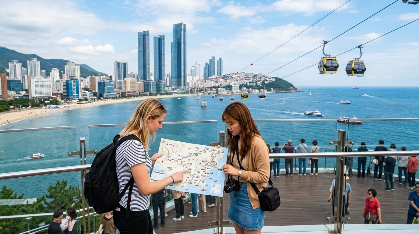 Bright vibrant photorealistic coastal Korea scene with blue sea, city skyline, cable car, and travelers looking at a route map, no visible text