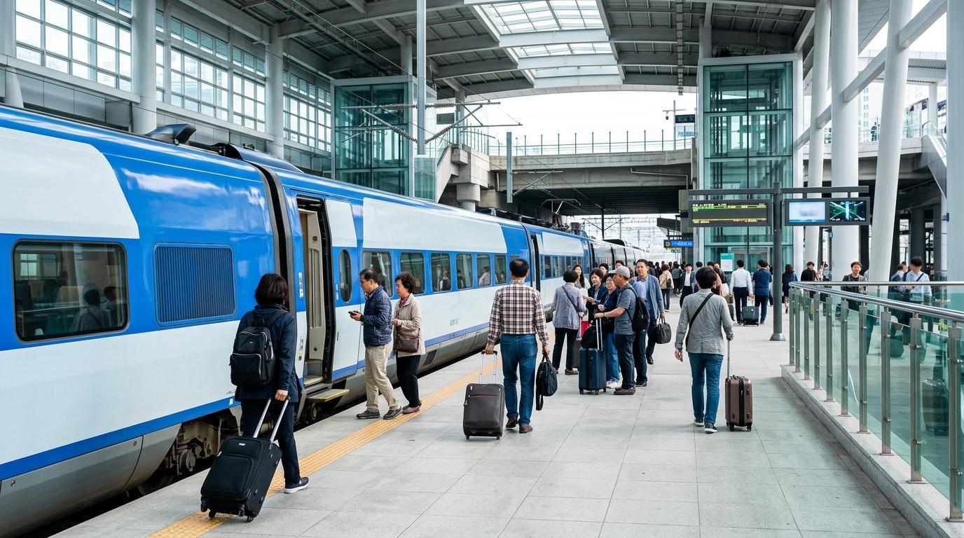 Bright vibrant photorealistic KTX train at a clean modern station platform with travelers and luggage, morning light, no visible text
