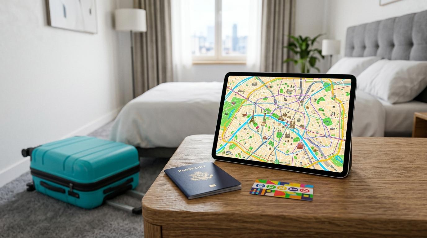 Bright vibrant photorealistic image of a tablet showing a colorful tourist map beside a passport, metro card, and small suitcase in a modern hotel room, no visi