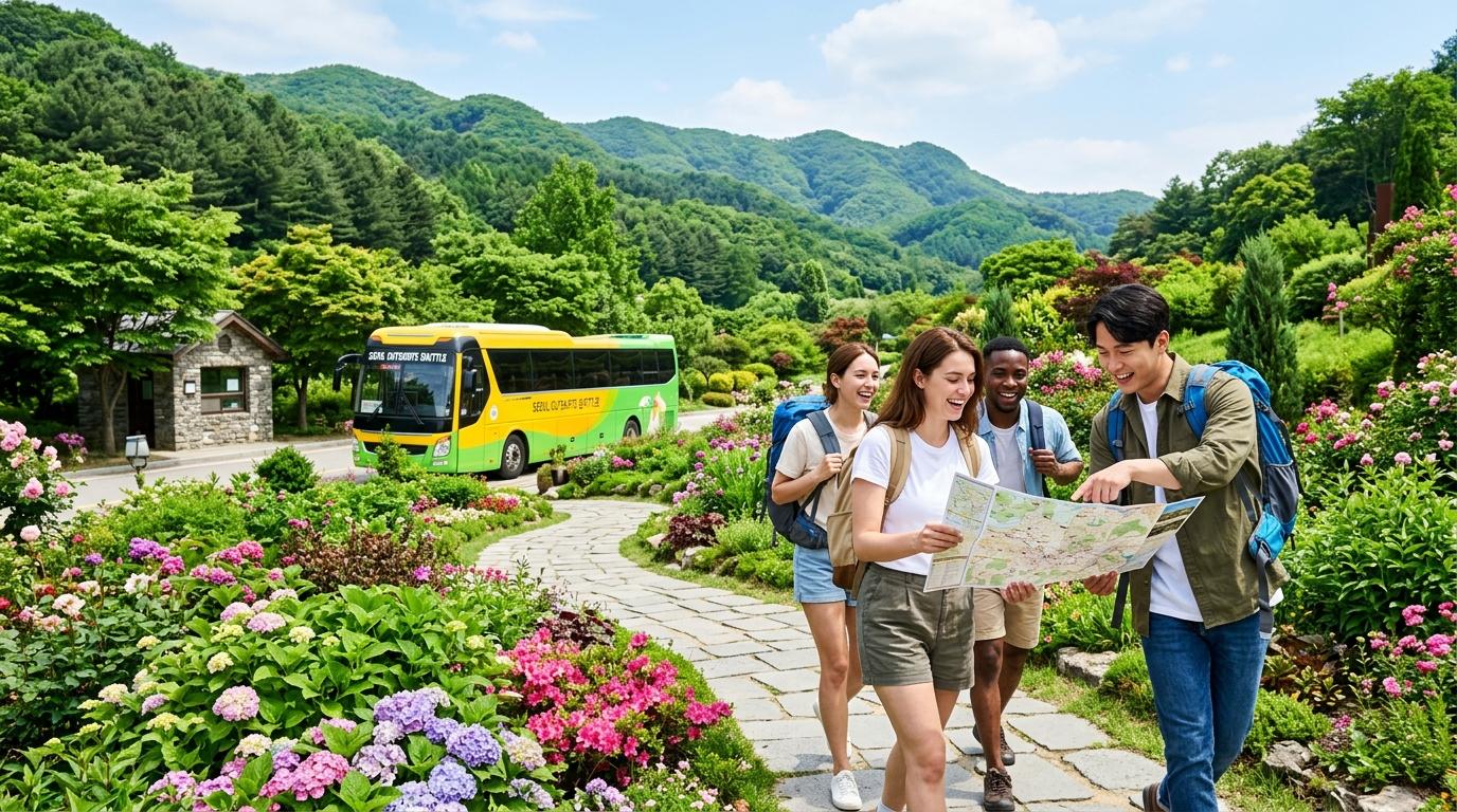 Bright vibrant photorealistic day trip scene near Seoul with a garden path, shuttle bus, rolling hills, and travelers holding a map, no visible text